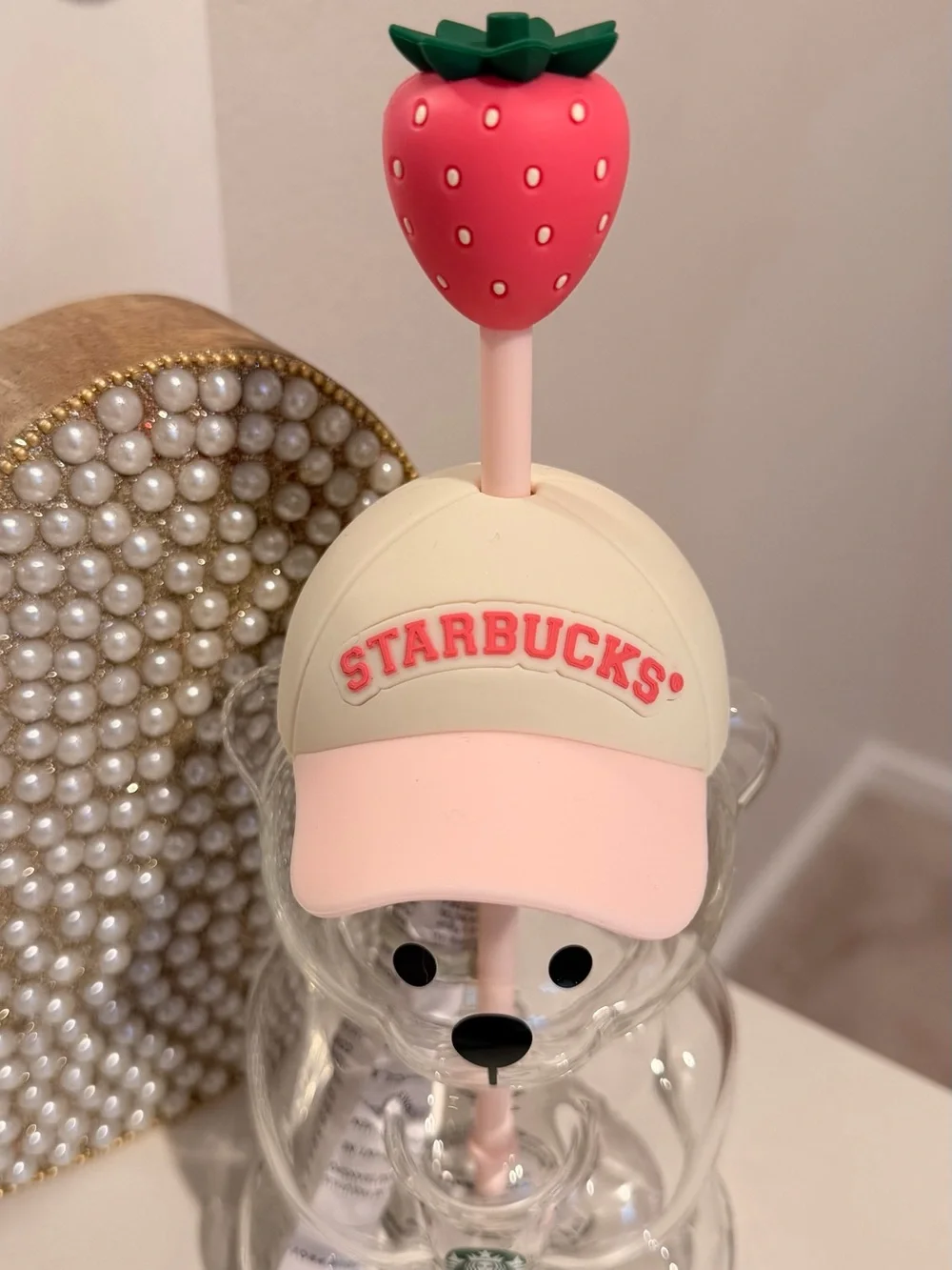 Starbucks Clear Bear Tumbler with Pink Strawberry Straw